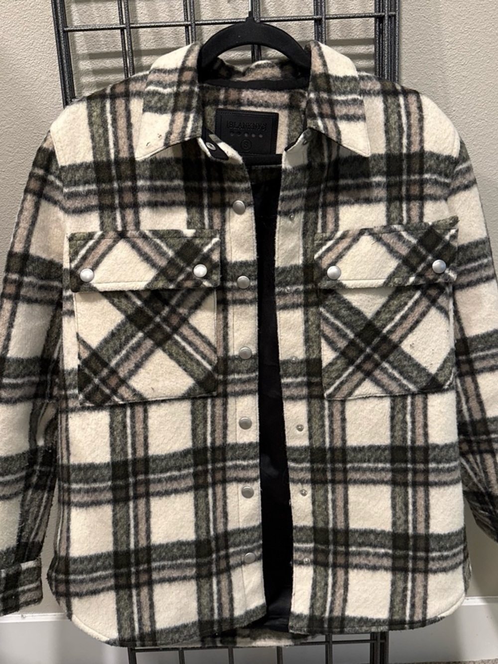 Blank NYC Plaid Shacket in Cream, Olive, and Black